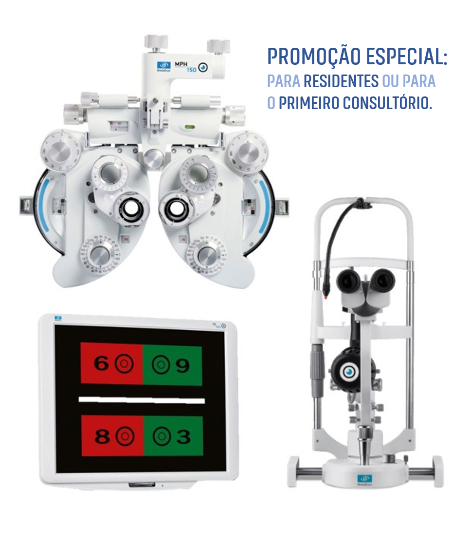 Greens/Foróptero Manual (MPH150) + Tela 19" (CS550) + Lâmpada de Fenda 3X LED (SL300L) - Kit Primeiro Consultório